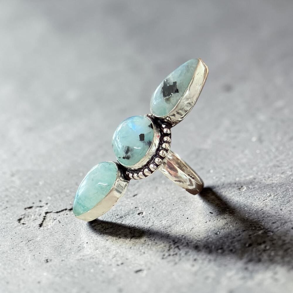Rainbow Moonstone 3 Stone Statement Ring 925 Silver Overlay - Picture 3 of 8